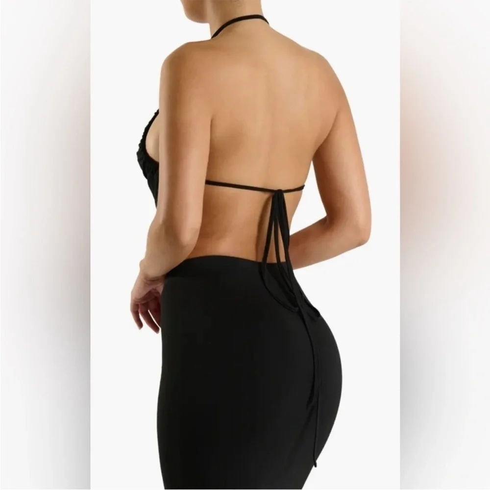 NWOT Naked Wardrobe Black Shirred Apron Tie Back Halter Top - Picture 3 of 6